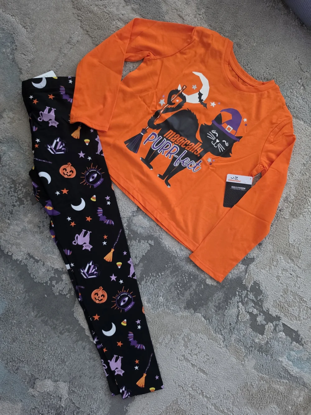 Kids Halloween Cat Witch Costume Pajama Set - Orange & Black